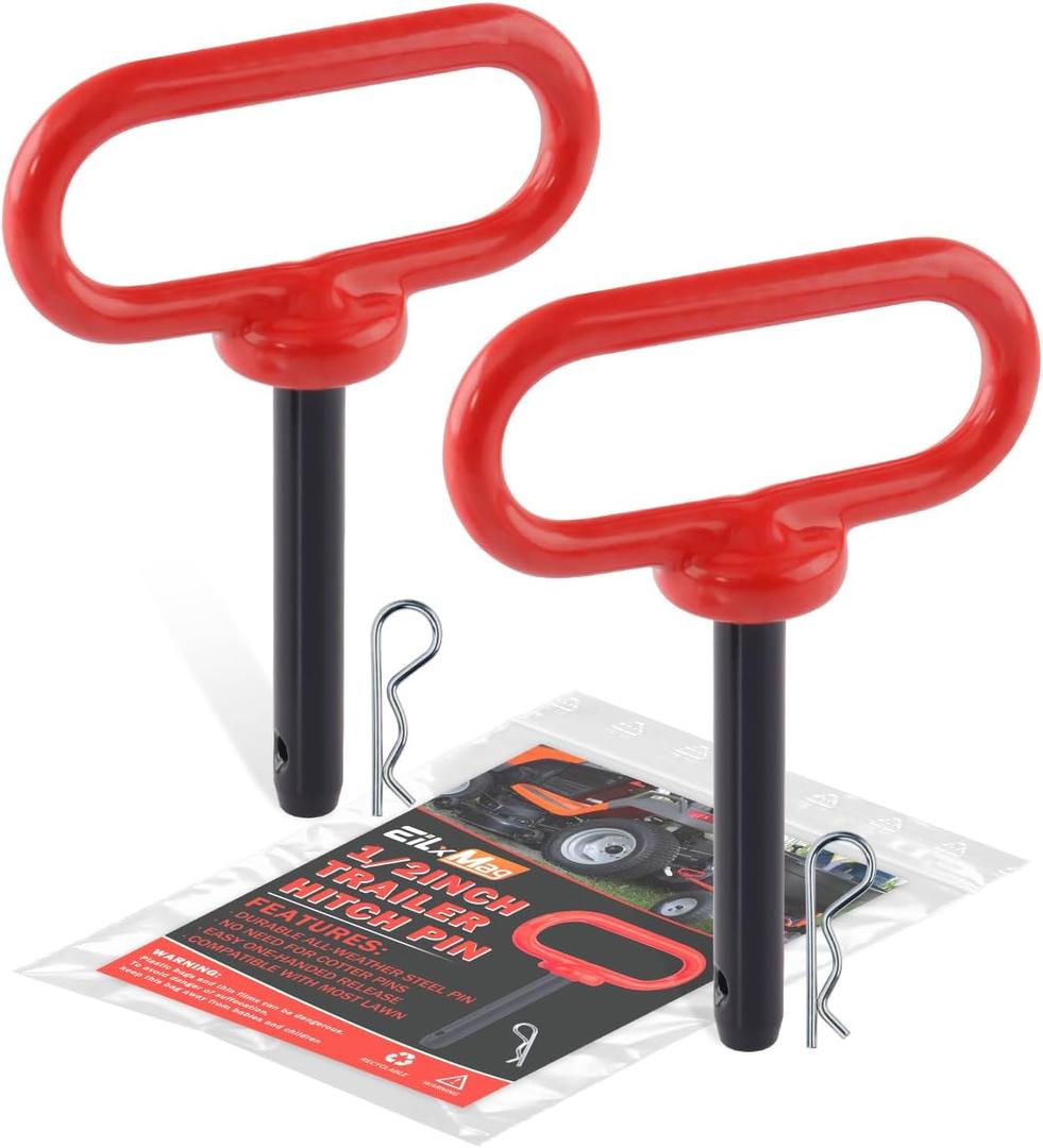 2Pack Hitch Pin, 1/2 x 3 Inch Trailer Hitch Pin with Clip and Rubber-Coated Handle, Strong Heavy Duty Lawn Mower Hitch Pin for Mowers, Tractor Truck, Towing Cargo, ATV (Red)