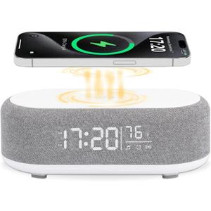 4in1 Alarm Clock with Wireless Charging Wireless Speaker Night Light & Temperature Display  Customized Sleep-Wake Routine Alarm Clock for Heavy Sleepers (Gray)