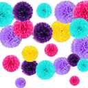 Acqua Blue Purple Yellow Rose Pink Tissue Paper Pom Poms Flower Set-30PCS Ideal for Birthday,Bridal Showers,Wedding,Baby Shower Party Decorations (12",10",8",6)
