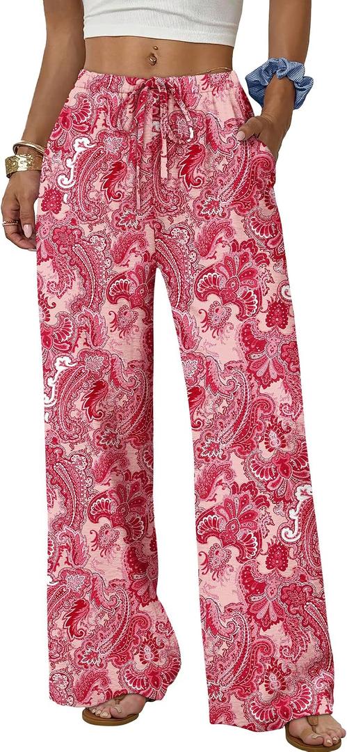 Sampeel Wide Leg Pants for Women Flowy Palazzo Drawstring Elastic Waist Trousers with Pockets Summer Beach Vacation Clothes (Pink, M)