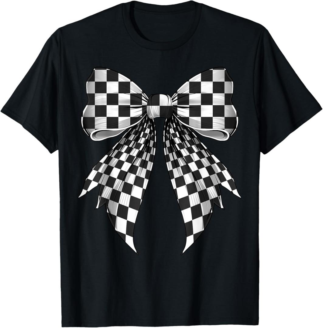 Coquette Bow Black White Checkered Pattern T-Shirt (Small)