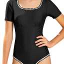2 x AGAPENG Girls Rash Guard Swimsuit One Piece Contrast Trim Bathing Suit Short Sleeve Half-Zip UPF 50+ Solid Color Swimwear (Black)