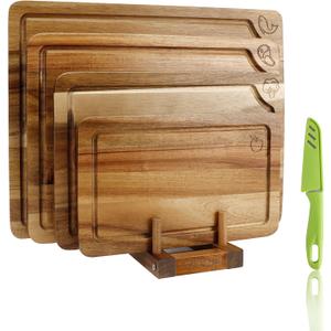 Wood Cutting Board Set of 4, Wooden Chopping Boards with Food Icons for Kitchen, Charcuterie Board for Meat, Vegetables, Fruits, Cheese