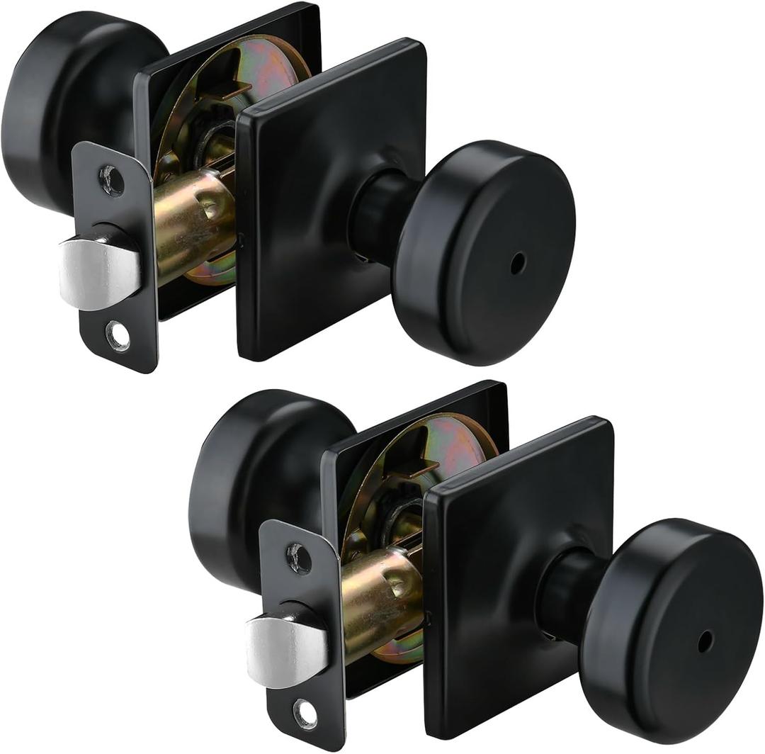 2 Pack Black Door Knobs with Square Rosette,Pismo Door Knob with Lock,Privacy Door Handles Interior for Bath & Bed