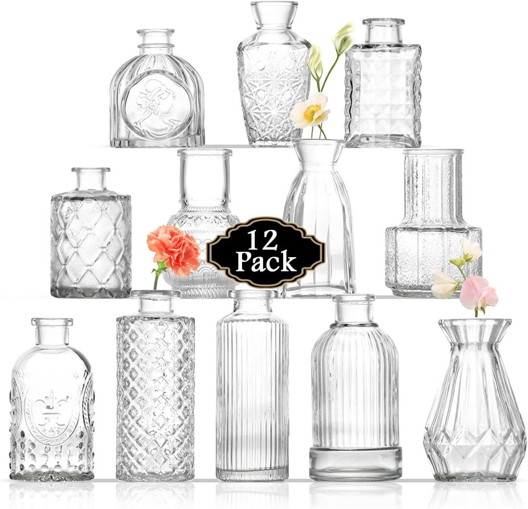 Bud Vases Set of 12, Small Glass Vases for Centerpieces, Small Flower Vases for Centerpieces, Vintage Mini Vase, Clear Bud Vase for Wedding Table Decor