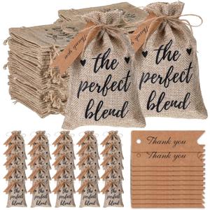 25 Sets Small Burlap Bags with Kraft Tag and Twine, Wedding Party Favors for Guests, Coffee Drawstring Sack Burlap Gift Bags for Women, Bridal Shower Wedding Coffee Party Decorations (No Beans)
