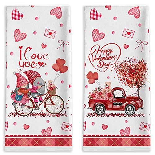 Bonsai Tree Valentines Day Kitchen Towels, Heart Valentine's Day Hand Towels Sets of 2, Gnome Valentines Decor for Kitchen,Bathroom,Dinner,Party