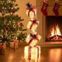 Stackable Lighted Gift Boxes Set of 4, Battery-Powered Lighted Christmas Boxes with Warm LED & Timer, Metal Frame Gift Box for Indoor/Outdoor Mantel, Tabletop & Staircase (Yellow)