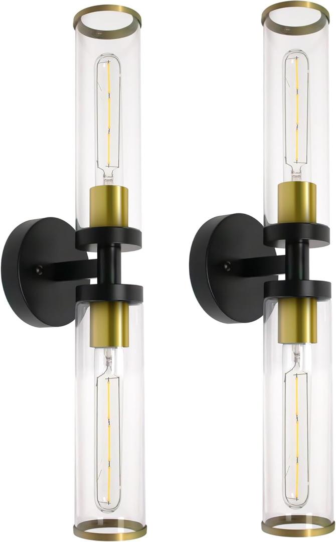 UpgradedWall Sconces Set of Two, Black and Gold Bathroom Sconces Vanity Light Fixtures with Clear Glass, Sconces Wall Decor Set of 2 Wall Lights for Living Room Bathroom Corridor Mirror Bedroom