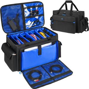 Large DJ Cable Bag with 16" Laptop Compartment & Mic Pockets, Professional DJ Equipment & Accessories Organizer Bag with 7 Adjustable Dividers, DJ Gig Bags for Musicians, Travel, Hard Bottom, Blue