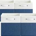 13 x 13 Inch Fine Linen Storage Bins with HandlesFabric Cube BoxsCollapsible Basket Organizers for Shelves for Home, Closet Drawers (White/Blue-4 Pack)
