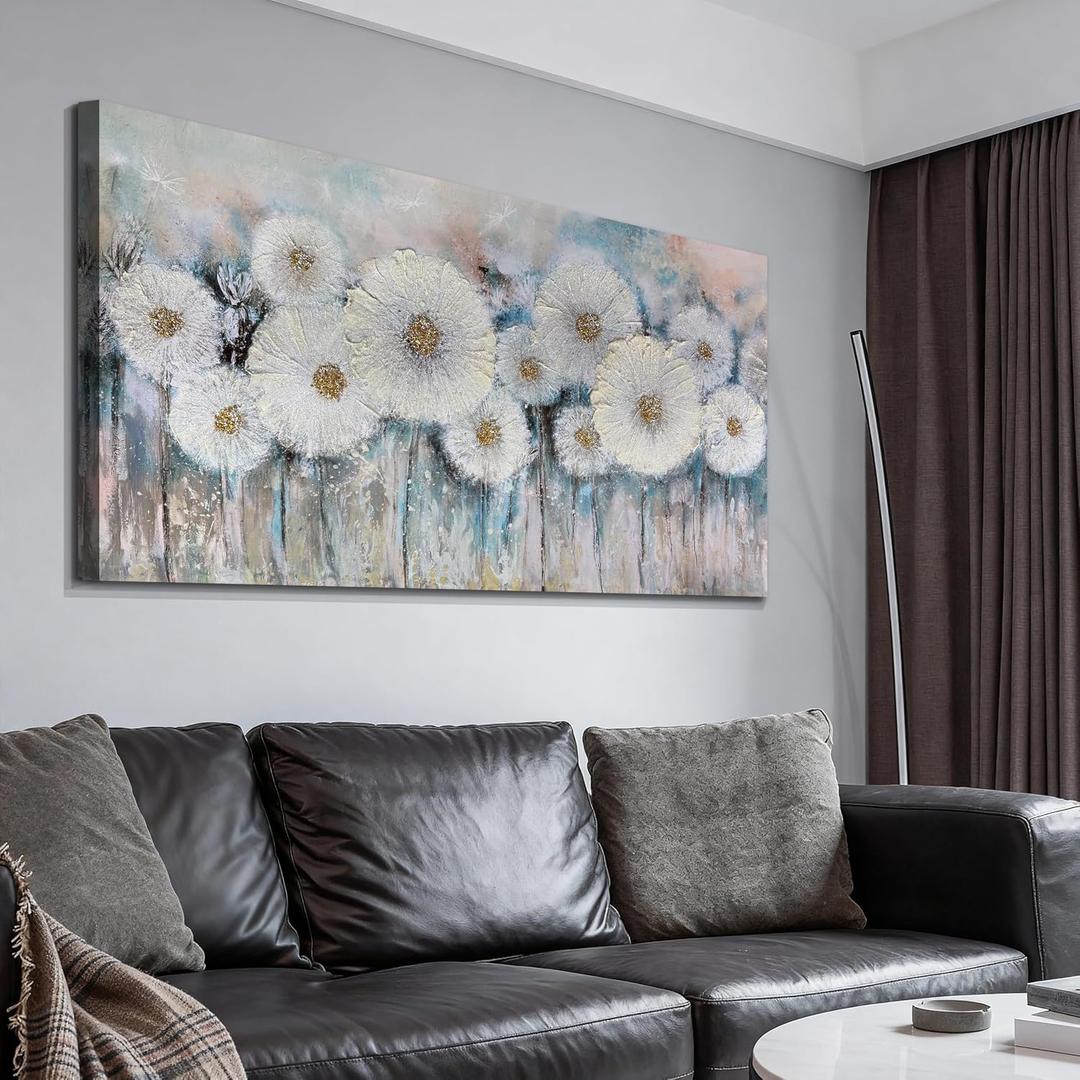Acocifi Floral Canvas Wall Art for Living Room Dandelion Picture Large Flower Bedroom Painting 60% Handmade Textured, Grey Vintage Artwork Framed for Dining Room Office Home Decor 48"x24"