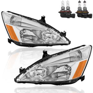 Headlights Assembly Replacement Compatible with 2003-2007 Honda Accord Halogen with Clear Lens Chrome Housing Amber Reflector Front Lamps Driver and Passenger Side (Set of 2)
