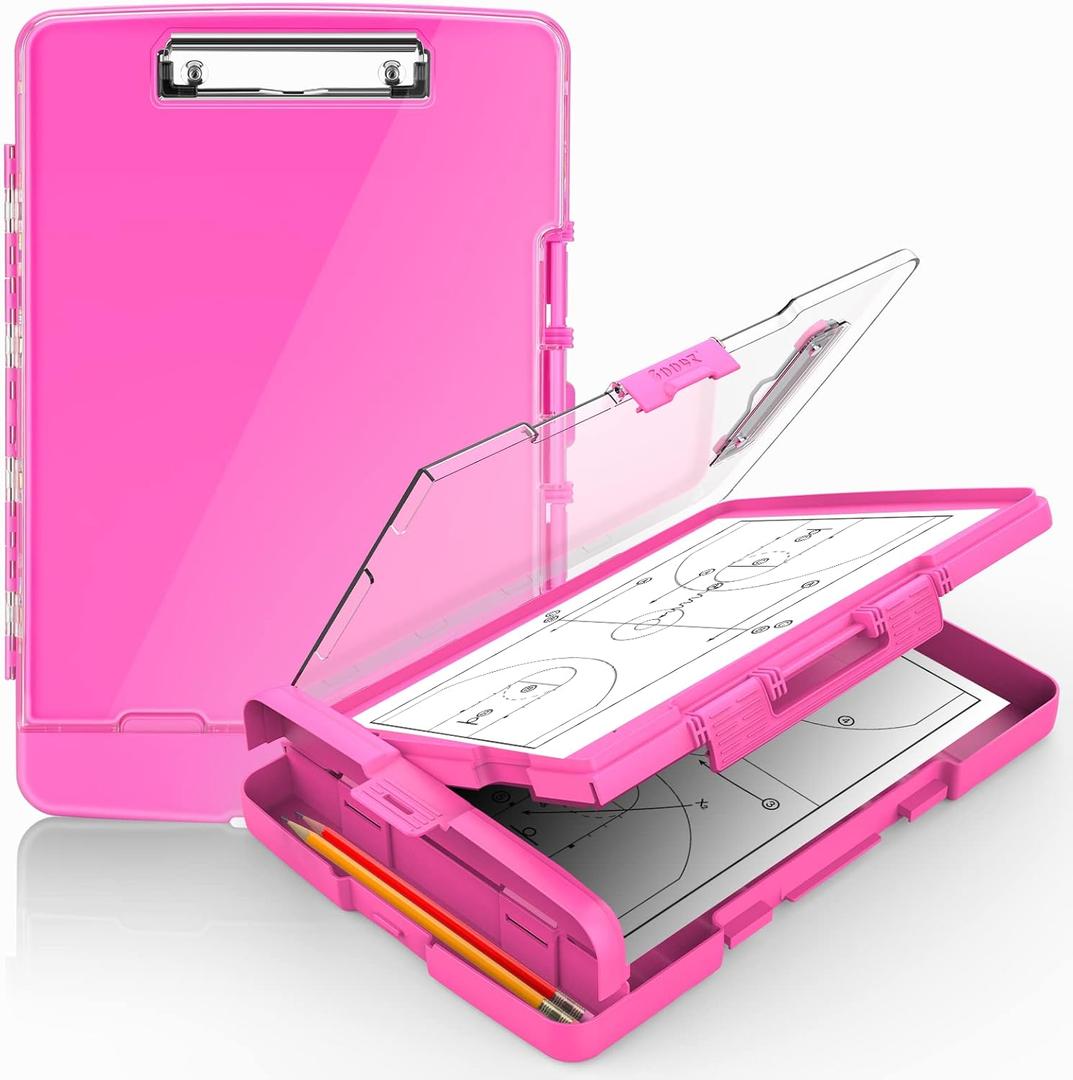 Sooez Original Clipboard with 2 Storage & Pen Holder, Heavy Duty Clip Boards 8.5x11 with Dual Storage, Clearview Dry Erase Coach Clipboard with Real Hinge, High Capacity, School & Office Supplies (Pink)