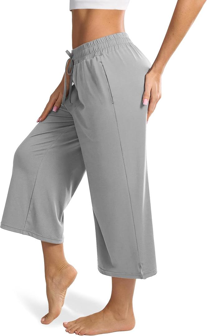 Maxbee Wide Leg Capri Pants for Women Loose Yoga Pants Drawstring Comfy Lounge Sweatpants with Pockets (Large, Grey)