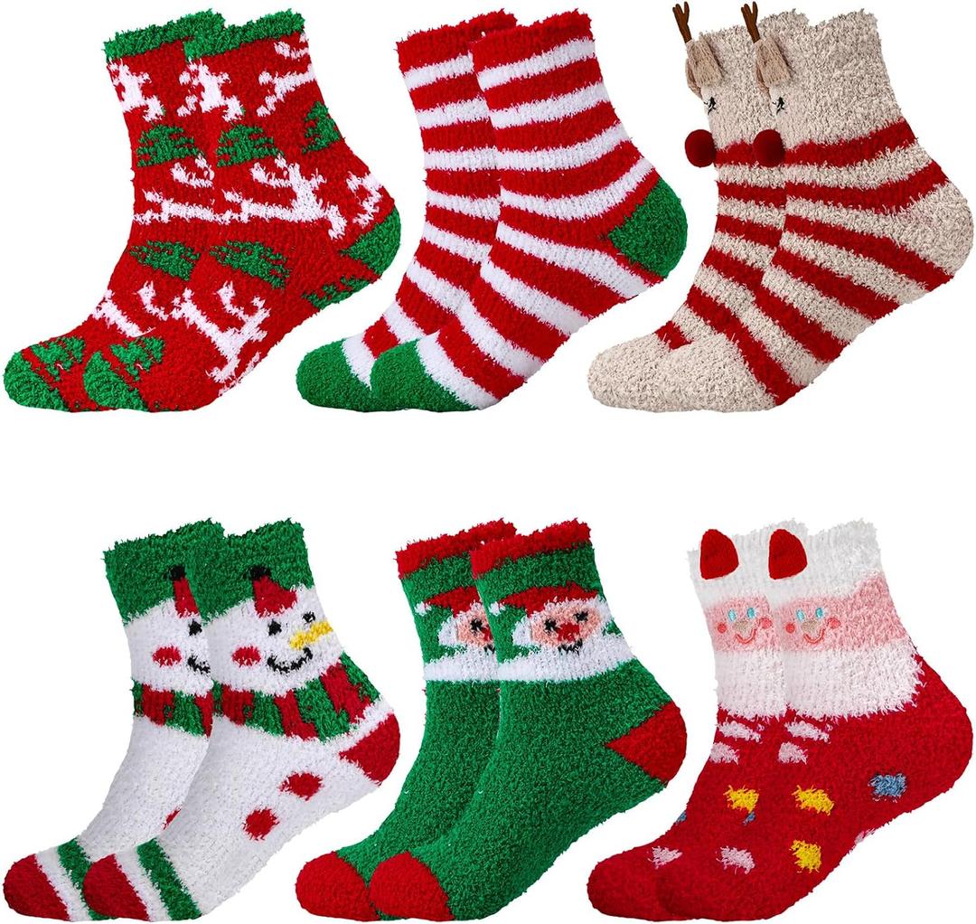 6 Pairs Christmas Fuzzy Socks for Women Cozy Warm Fluffy Winter Slipper Socks Cute Funny Holiday Gifts for Family Friends