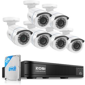 ZOSI 3K Lite Home Security Camera System with AI Human Vehicle Detection, 8CH DVR Recorder and 6 x 1080p Wired CCTV Bullet Cameras Outdoor Indoor, 80ft Night Vision, Remote Access (1TB Hard Drive)
