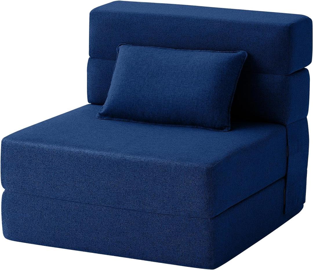 FILUXE Convertible Folding Sofa Bed - Sleeper Chair with Pillow, Modern Linen Fabric Floor & Futon Couch, Foldable Mattress for Living Room/Dorm/Guest Use/Home Office/Apartment, Single Size, Navy Blue