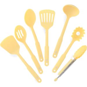 GreenLife Cooking Tools and Utensils, 7 Piece Nylon Set including Spatulas Turner Spoons and Tongs, Dishwasher Safe, Light Yellow