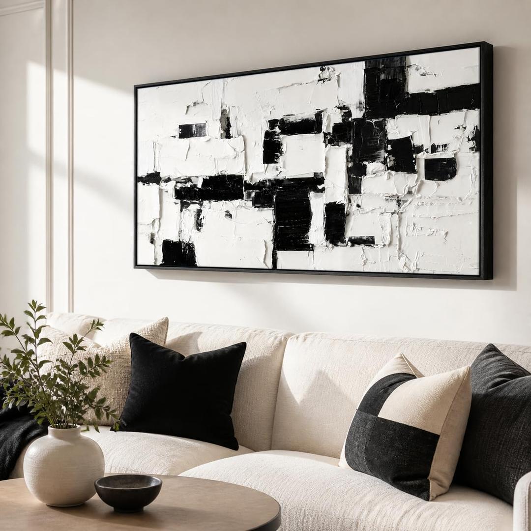 YQI FenDou Black and White Abstract Canvas Wall Art 40X20in Modern Minimalist Textured Painting Print with Black Frame, Large Contemporary Neutral Wall Decor for Living Room Bedroom Office