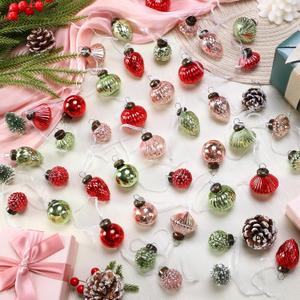 Jetec 48 Pcs Mini Red Green Pink Mercury Glass Ornaments 6 Style Vintage Glass Christmas Mini Mercury Balls Bulk 1.2" Hanging Ornaments Balls for Christmas Tree Xmas Party