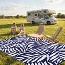 Smiry Outdoor Rug 8x10 ft, Waterproof Reversible Plastic Straw Rugs, Outdoor Area Rug with Leaf Pattern, Outside Floor Mat for Patio, Backyard, Deck, Picnic, Beach, Camping, Navy & White