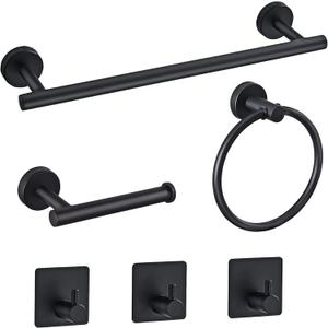 6 PCS Bathroom Hardware Set, Matte Black Stainless Steel Wall Mounted Bath Accessories Towel Bar, Toilet Paper Holder, Towel Ring, 3 Robe Towel Hooks Towel Rack Set