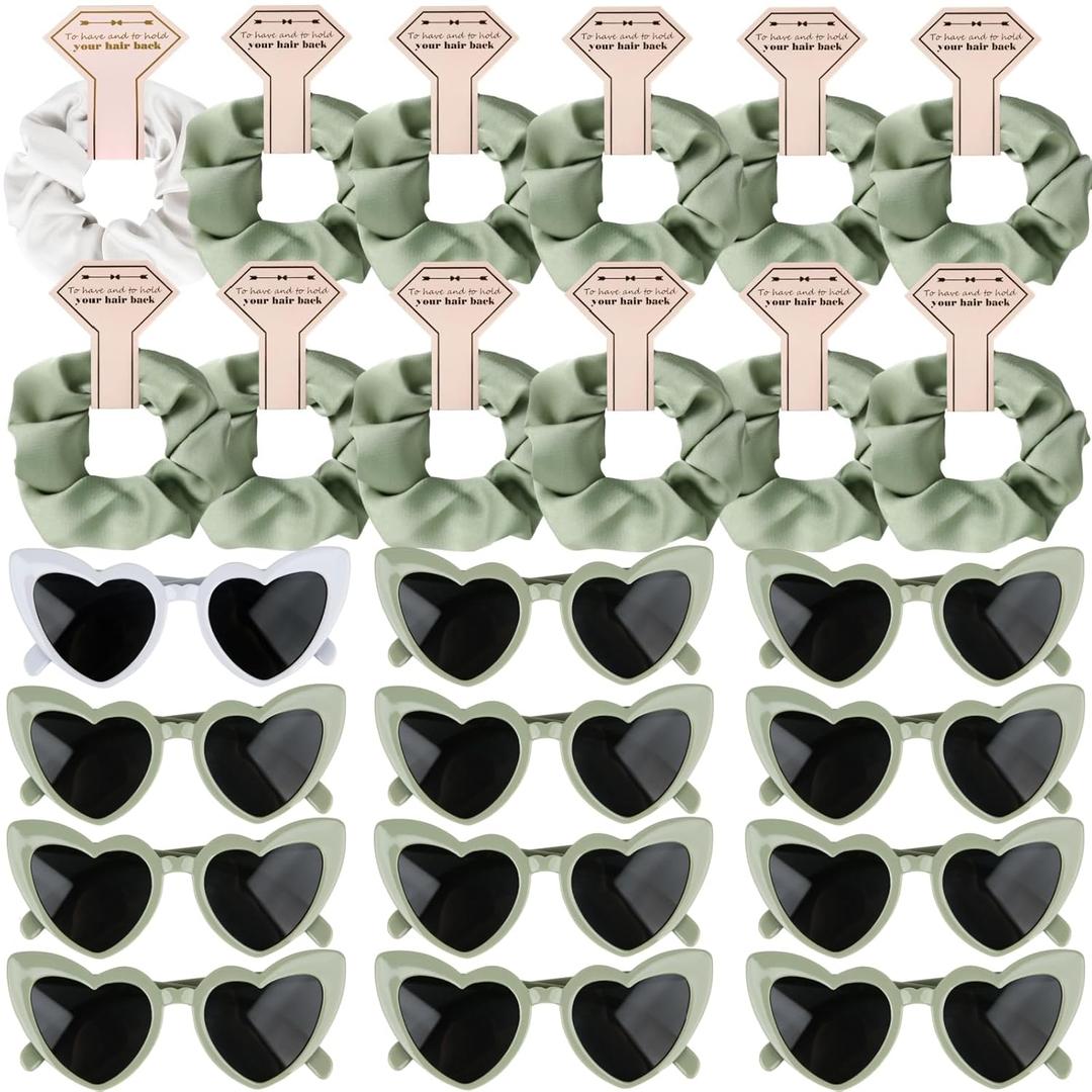 Satin Bridesmaid Proposal Gifts Scrunchies Bachelorette HairTies Set of 6 sunglasses Bridal Shower No Damage Hair ties ideas Gift for Wedding Party Favors (12pcs White&Sage Green)