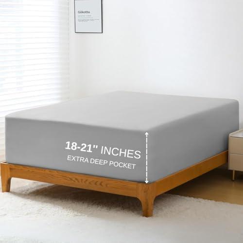 GOKOTTA Extra Deep Pocket Full Size Fitted Sheet Only: 100% Rayon Derived from Bamboo Silky Soft Bottom Sheet - Fits Up to 24" Pockets with Elastic Corner Straps - Grey
