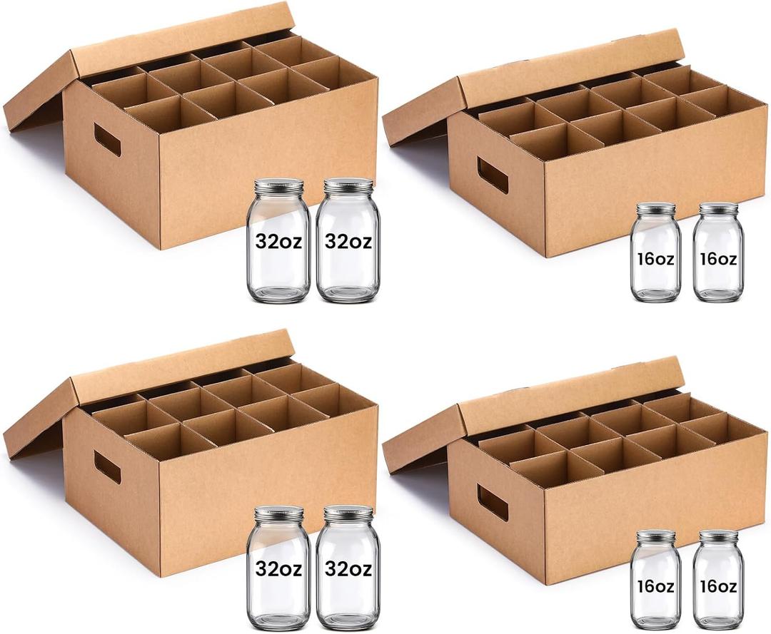 MotiMind 4 Sets Mason Jar Storage Box Fits 16 oz and 32 oz Regular or Wide Mouth Jars Mason Jar Storage Containers with Handles and Dividers 12 Cells Cardboard Can Stack for Moving Home Supplies