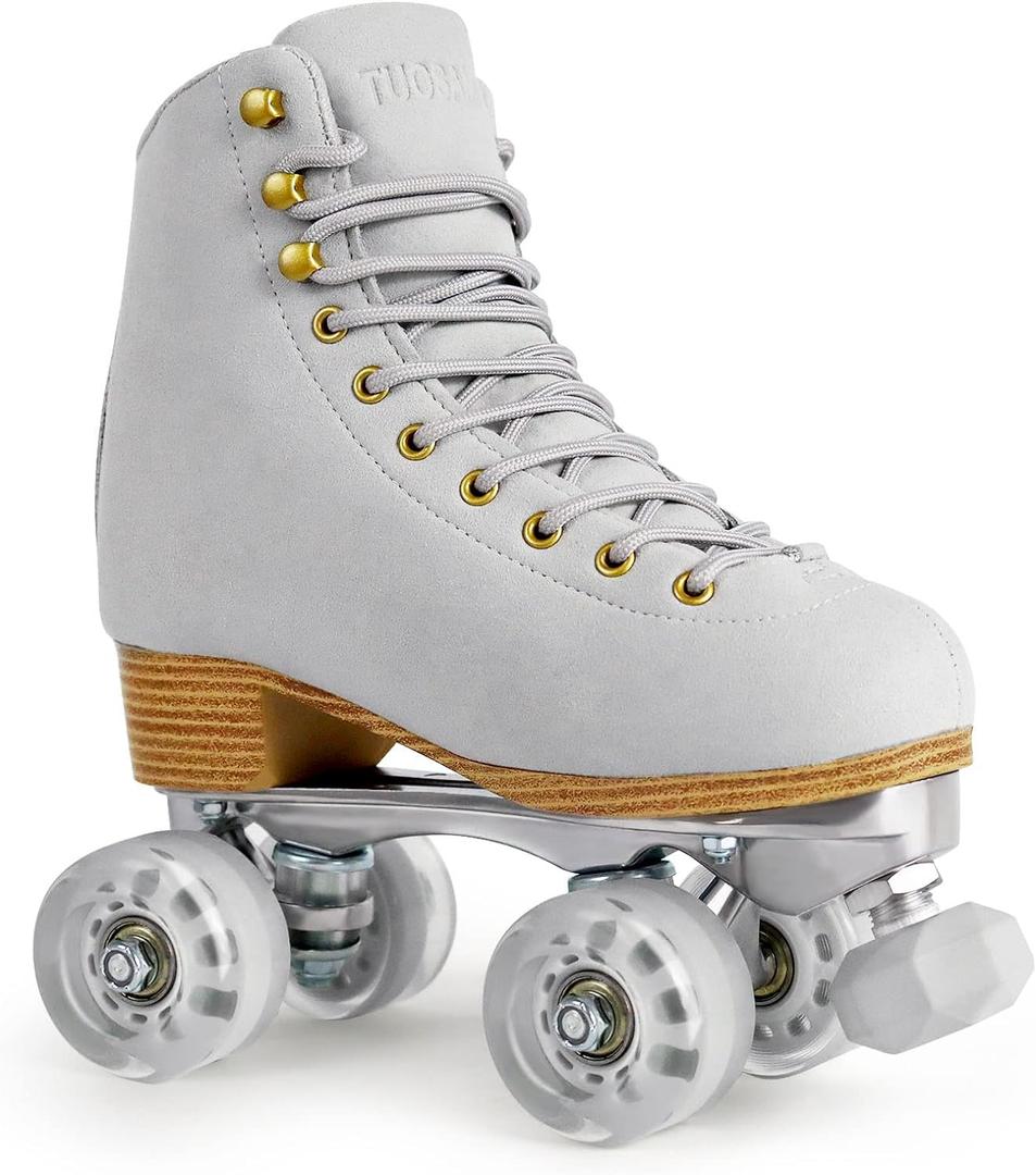 Roller Skates for Women or Men with Height Adjustable Rubber Stoppers Retro Suede Quad Roller Skates for Outdoor and Indoor (10, Gray)