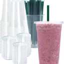 [100 SETS] 32 oz Clear Plastic Cups with Lids and STRAWS, Disposable Drinking Cups for Cold Drinks, Iced Coffee, Milkshakes, Smoothies