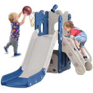 BIERUM 7 in 1 Toddler Slide, L-Shaped Baby Slide for Toddlers Age 1-3 with Basketball Hoop, Ring Toss, Storage Space, Outdoor Indoor Slide Playset Toddler Playground Blue Gray