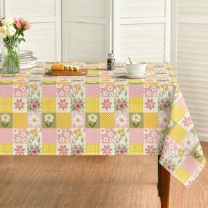 Horaldaily Spring Tablecloth 60×120 Inch Rectangular, Orange Buffalo Plaid Patch-Style Pattern Polka Dot Dasiy Washable Seasonal Table Cover for Party Picnic Dinner Decor
