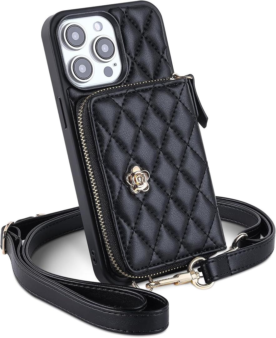 Crossbody Wallet Case for iPhone 15 Pro Max, Women Cross Body Phone Case with Strap, RFID Blocking PU Leather Zipper Phone Purse with Card Holder, Cellphone Purses Trendy (6.7 inch) - Black