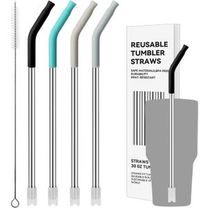 30 oz Tumbler Stainless Steel Straws with Silicone Tips, 4-Pack 9.48" Reusable Metal Straws-0.31" Tip for Glass Cups & Tumblers(Tips 1)