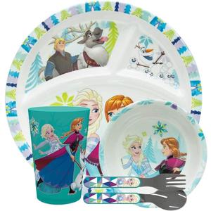 Zak Designs Disney Frozen Movie Kids Dinnerware Set Includes Divided Plate, Bowl, Tumbler and Utensil Tableware, Made of Durable Material and Perfect for Kids (Elsa & Anna, 5 Piece Set, BPA-Free)
