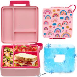 Chill Bento Lunch Box, Bento Box with Ice Pack, Leak Proof 9-Compartment Lunch Container, Ice Pack Detachable Lunch Box BPA Free, Microwave & Dishwasher Safe (Light Pink Rainbow)