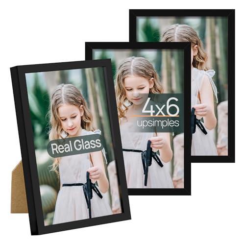 upsimples 4x6 Picture Frame Set of 3, Made of High Definition Glass for 4 x 6, Wall and Tabletop Display Thin Border Photo Frames for Home Decor, Black