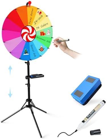 QWUIU 24 Inch Spinning Prize Wheel, Ajustable Height Spin Doodle Game Spinner, Storable Prize Wheel Spinner with Telescopic Stand, Wheel of Fortune Game, 14 Colors