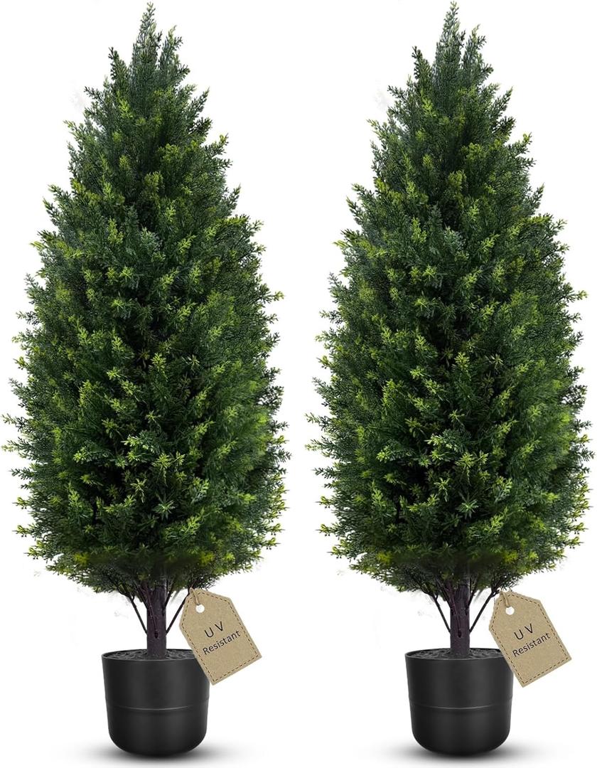 XCYNNS 3FT Cedar Topiary Trees Artificial Outdoor, Set of 2 Faux Cypress Tree with Pot, UV Rated Fake Pine Tree Potted Artificial Evergreens Faux Cedar Stems for Outdoor Planters House Front Door