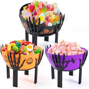 3PCS Halloween Candy Bowl 10 Inch Large Halloween Candy Basket Plastic Trick or Treat Bowls Big Candies Bowl with Holder Trick or Treat Decorations Bowls for Party Serving Candies Holder (Black)