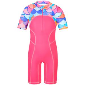 TFJH E One Piece Girls Bathing Suits Short Sleeve Swimsuits UPF 50+ Rash Guard Swimwear, 507 Scale Hotpink 8A