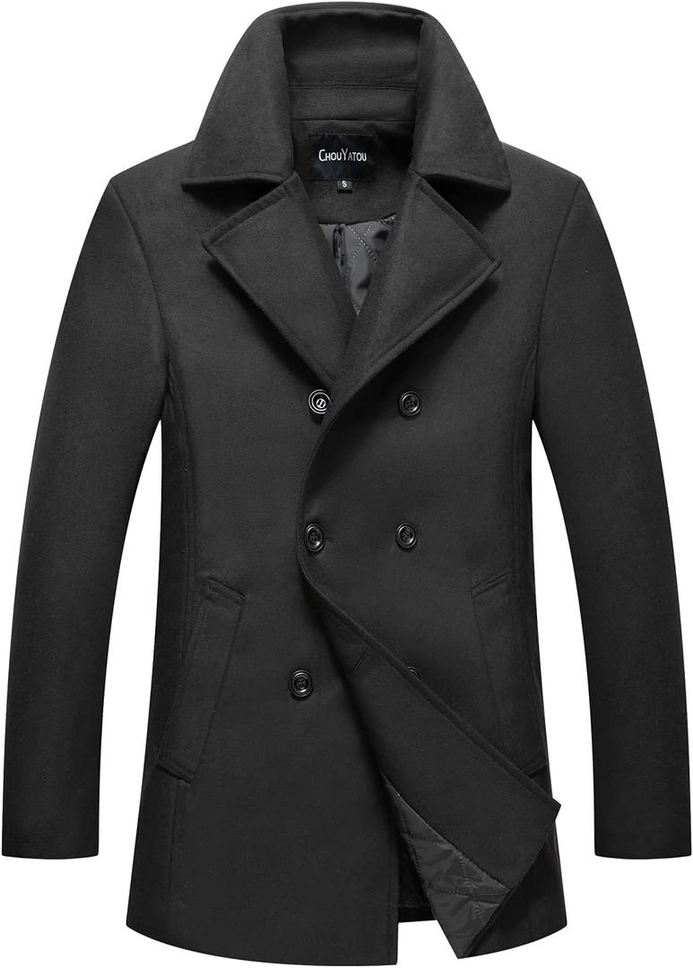 chouyatou Men's Classic Notched Collar Double Breasted Wool Blend Pea Coat (Large, Black)