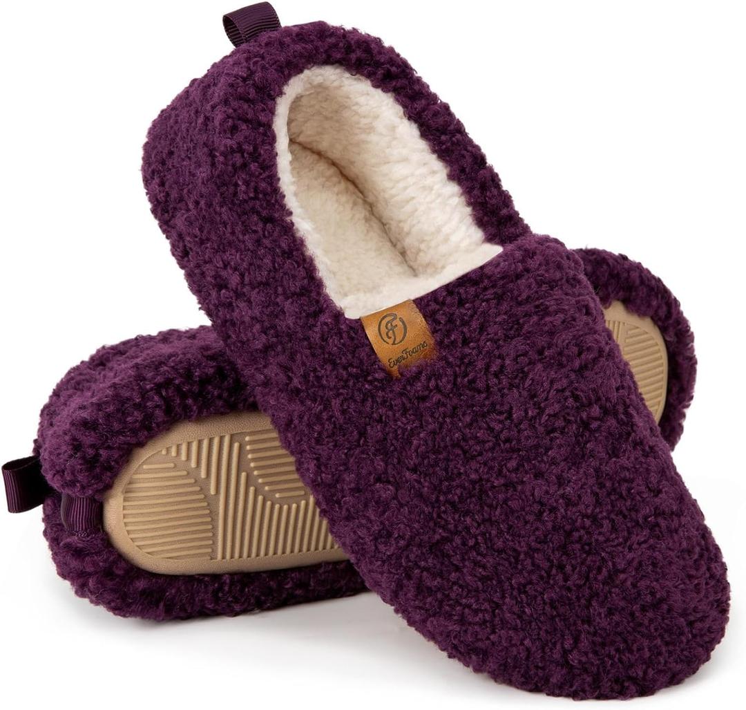 EverFoams Womens Soft Curly Full Slippers Memory Foam Lightweight House Shoes Cozy Loafer with Polar Fleece Lining (8.5, Dark Aubergine)