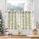 jinchan Small Window Curtains 24 Inch Linen Floral Curtain Set for Kitchen Bathroom Cafe Curtains Light Filtering Window Treatment Farmhouse Cottagecore Back Tab Drapes 2 Panels Green on Beige