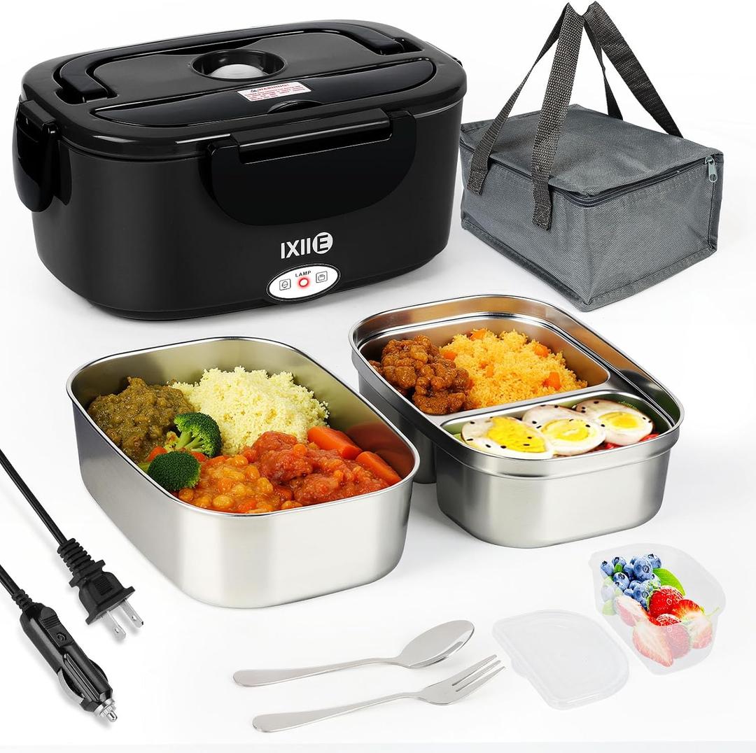 IXIIE Electric Lunch Box 80W Food Warmer for Work, 12V/24V/110V Portable Lunch Warmer for Adults with 2-Pack Stainless Steel Containers, Heated Lunch Box for Car/Truck/Office/Outdoors (Black+Black)