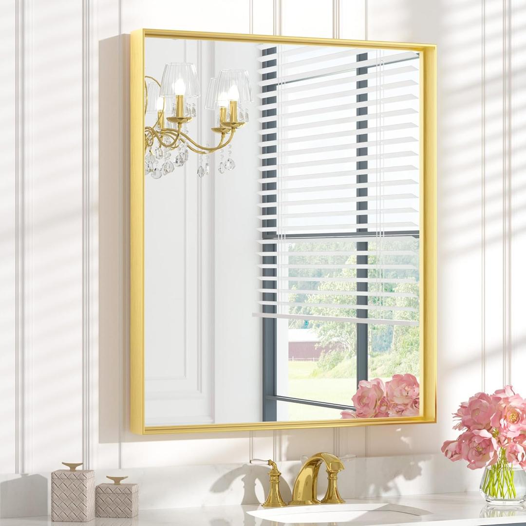 Keonjinn 30 x 36 Inch Brushed Gold Bathroom Mirror Metal Framed Rectangle Wall Gold Vanity Mirror for Bathroom Gold Rectangle Mirror for Bathroom Over Sink(Horizontal/Vertical)