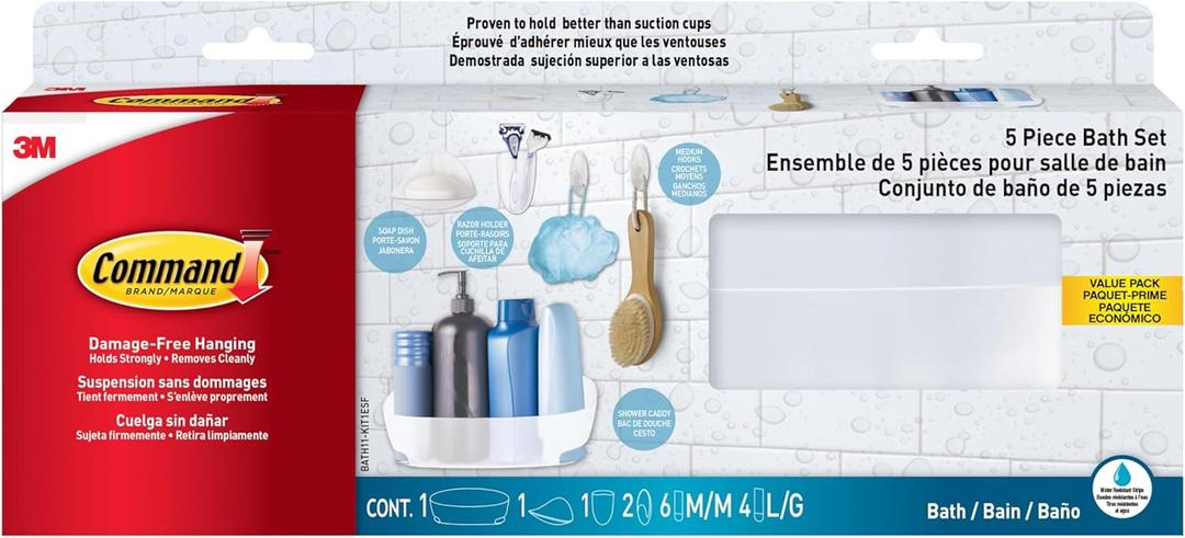 Command Bathroom Accessories, 5 Piece Bathroom Organizer Set - 1 Shower Caddy, 1 Soap Dish, 1 Toothbrush Holder, 2 Hooks with Water Resistant Strips