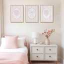 Framed 3 Piece OAK Wall Art Pink Floral Pink Striped Flower Canvas Prints | Coquette Bow Pictures Wall Decor Minimalist Botanical Aesthetic Paintings Artwork for Bedroom Bathroom Living Room 16x20in